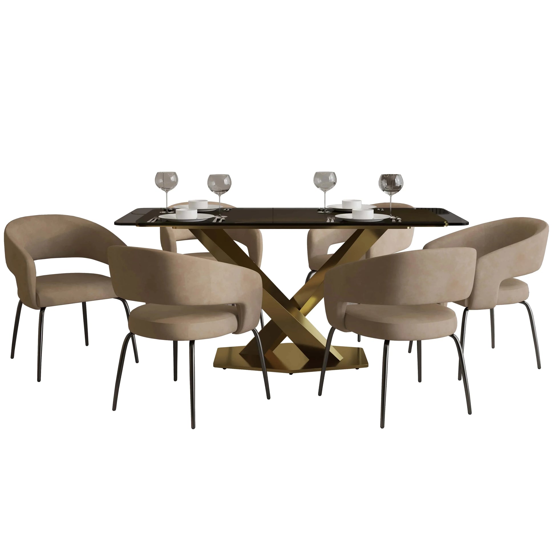 Voren 7-Piece Dining Set with Rectangular Glass Dining Table Gold Base and 6 Velvet/Leather Dining Chairs with Iron Base - Elax Furniture