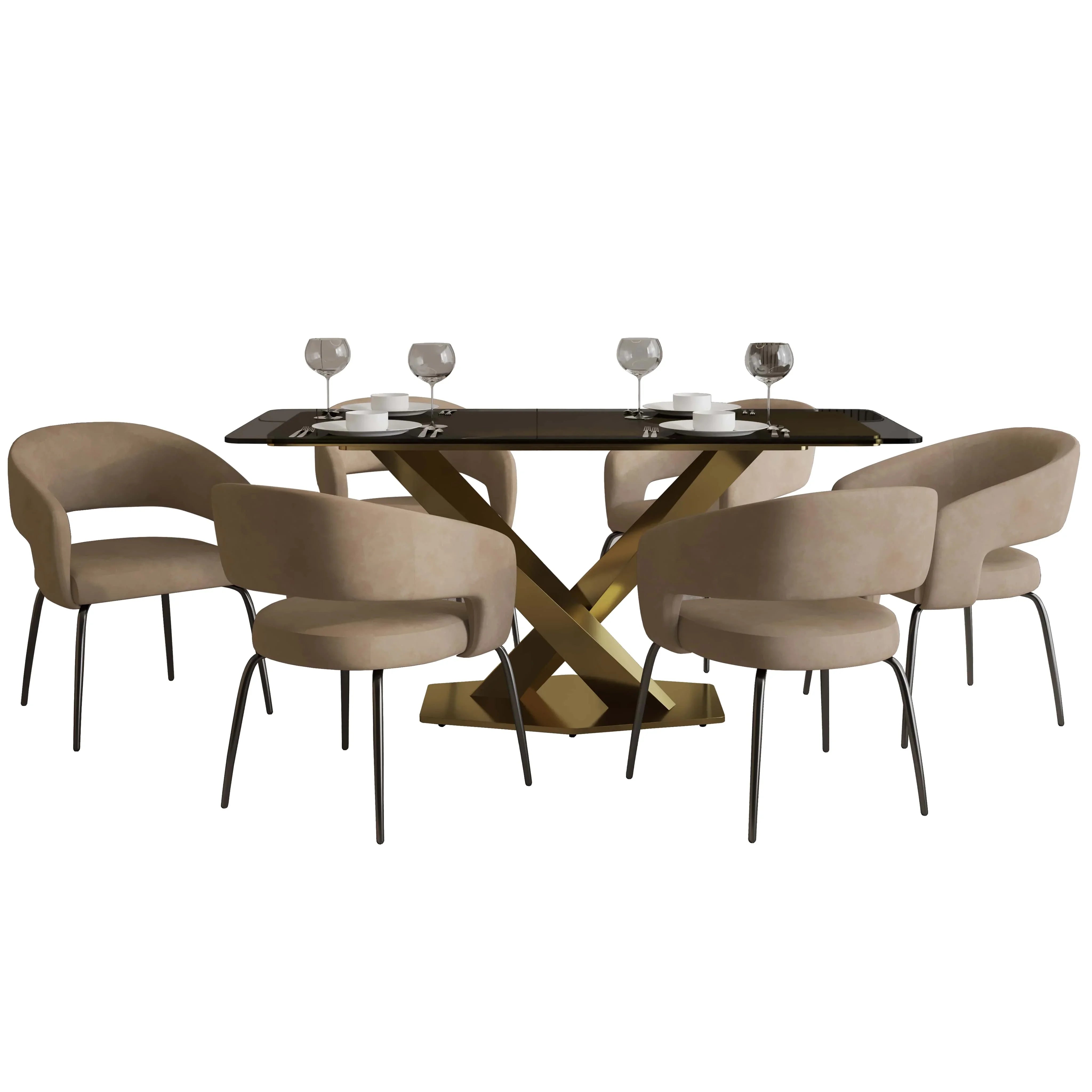 Voren 7-Piece Dining Set with Rectangular Glass Dining Table Gold Base and 6 Velvet/Leather Dining Chairs with Iron Base - Elax Furniture
