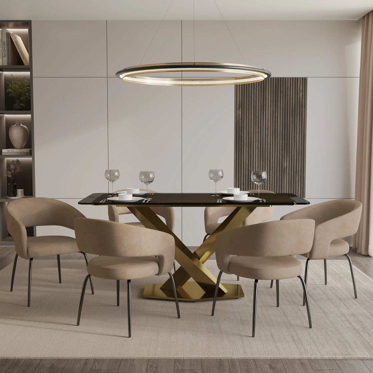 Voren 7-Piece Dining Set with Rectangular Glass Dining Table Gold Base and 6 Velvet/Leather Dining Chairs with Iron Base - Elax Furniture