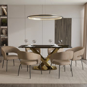 Voren 7-Piece Dining Set with Rectangular Glass Dining Table Gold Base and 6 Velvet/Leather Dining Chairs with Iron Base - Elax Furniture