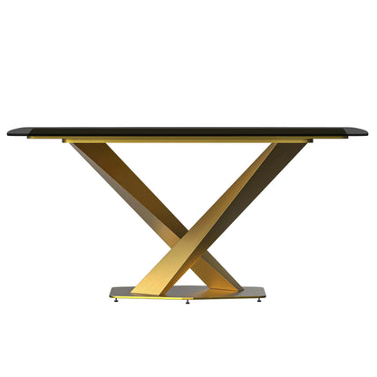 Voren 7-Piece Dining Set with Rectangular Glass Dining Table Gold Base and 6 Velvet/Leather Dining Chairs with Iron Base - Elax Furniture