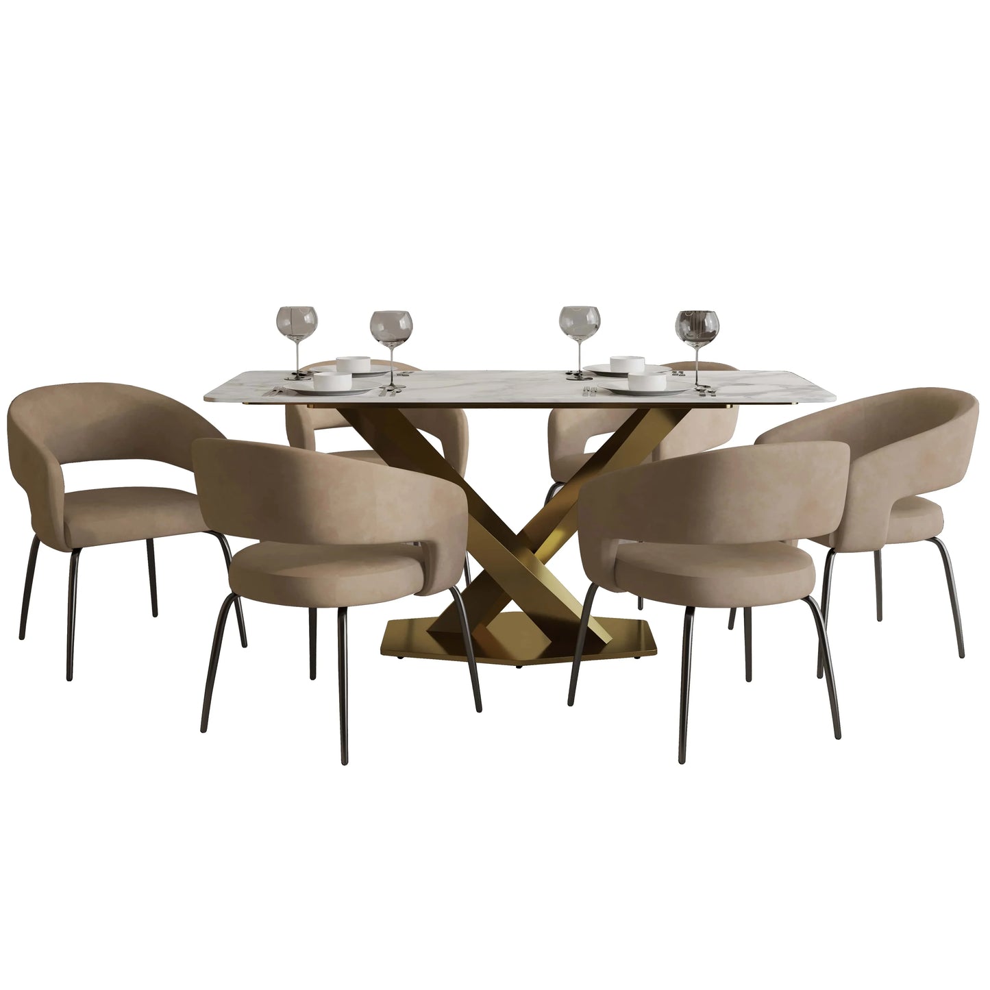 Voren 7-Piece Dining Set with Rectangular Sintered Stone Dining Table Gold Base and 6 Velvet Dining Chairs with Iron Base - Elax Furniture