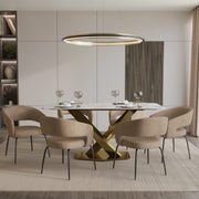 Voren 7-Piece Dining Set with Rectangular Sintered Stone Dining Table Gold Base and 6 Velvet Dining Chairs with Iron Base - Elax Furniture
