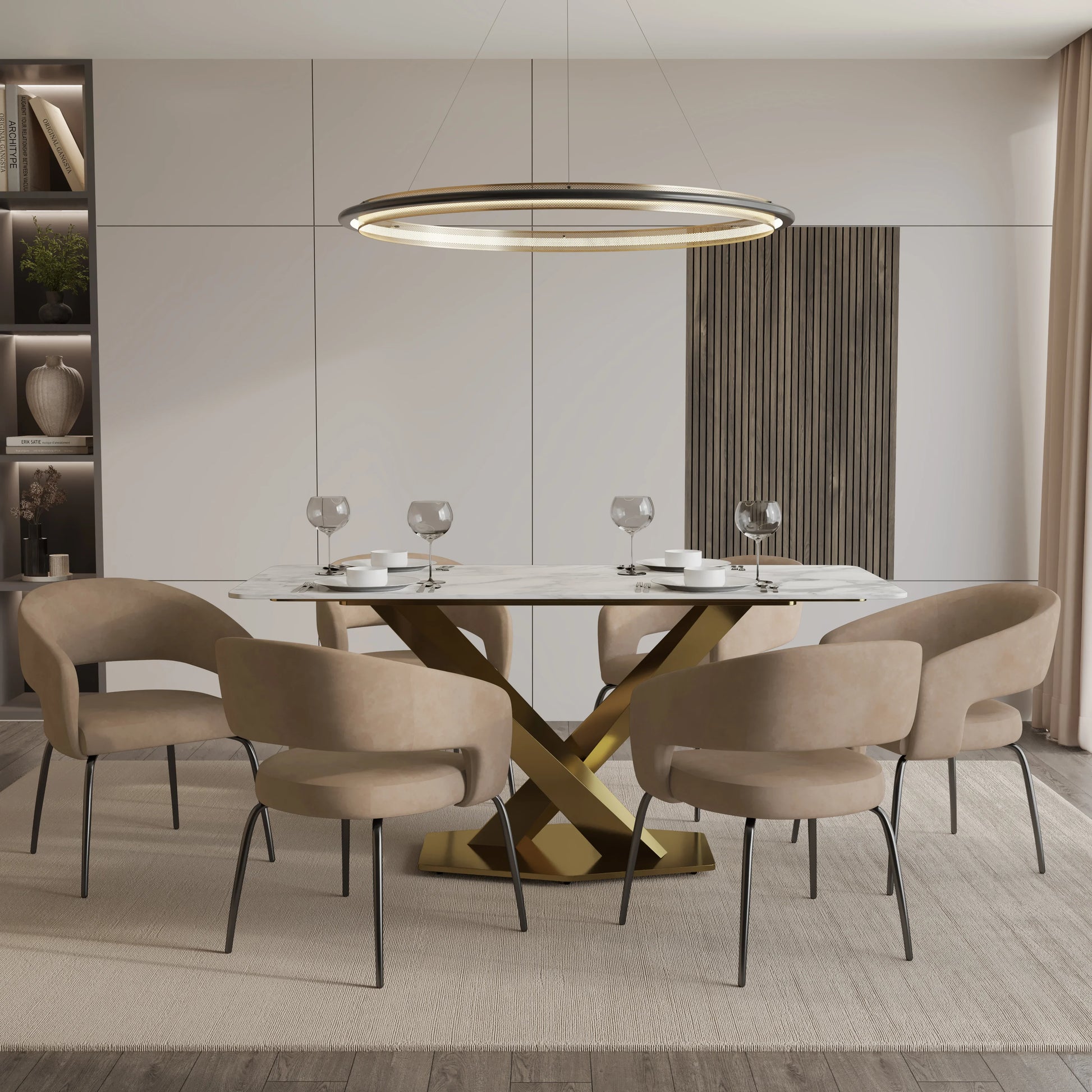 Voren 7-Piece Dining Set with Rectangular Sintered Stone Dining Table Gold Base and 6 Velvet Dining Chairs with Iron Base - Elax Furniture