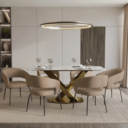 Voren 7-Piece Dining Set with Rectangular Sintered Stone Dining Table Gold Base and 6 Velvet Dining Chairs with Iron Base - Elax Furniture