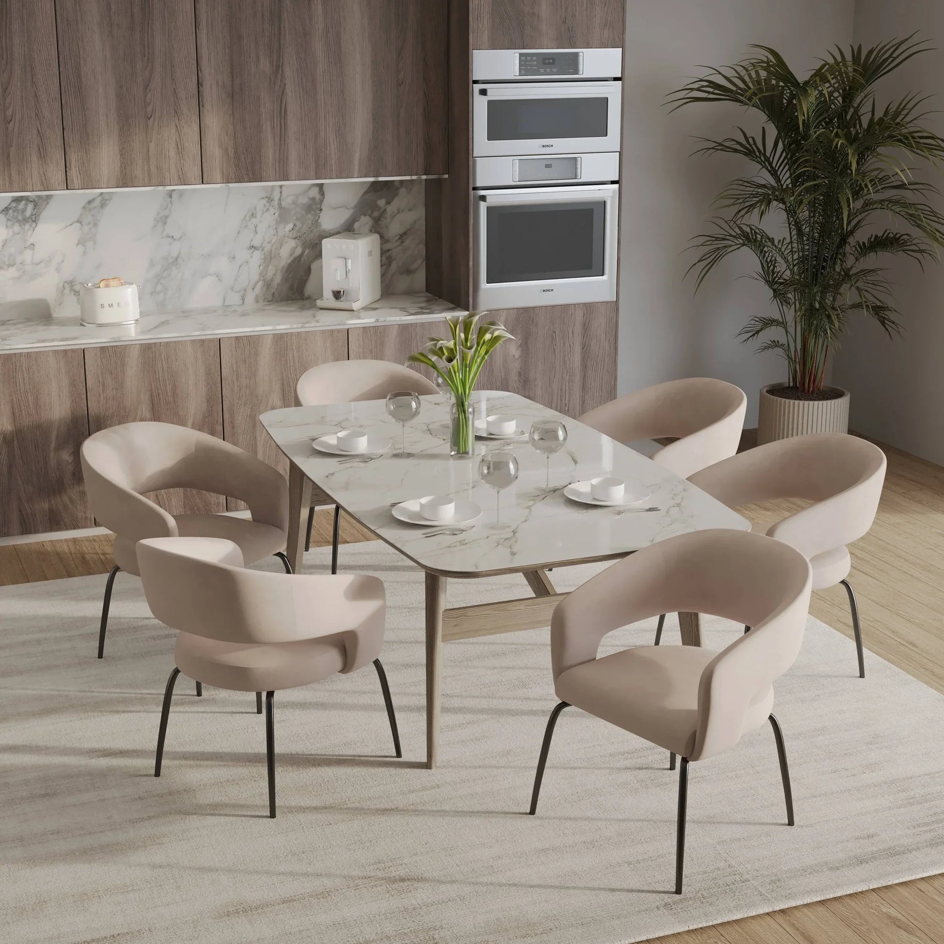 Gavin Dining Chair Upholstered in Leather/Velvet with Open Curved Backrest in Black Iron - Elax Furniture