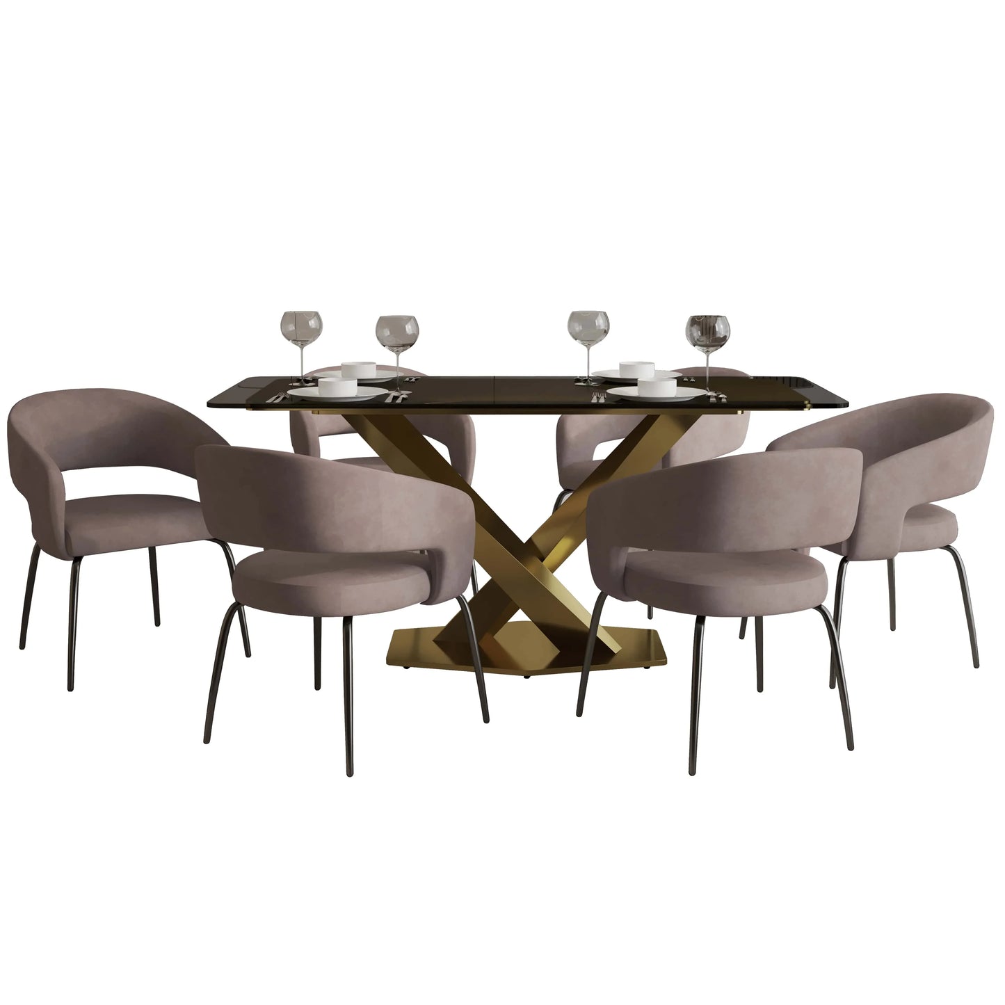 Voren 7-Piece Dining Set with Rectangular Glass Dining Table Gold Base and 6 Velvet/Leather Dining Chairs with Iron Base - Elax Furniture
