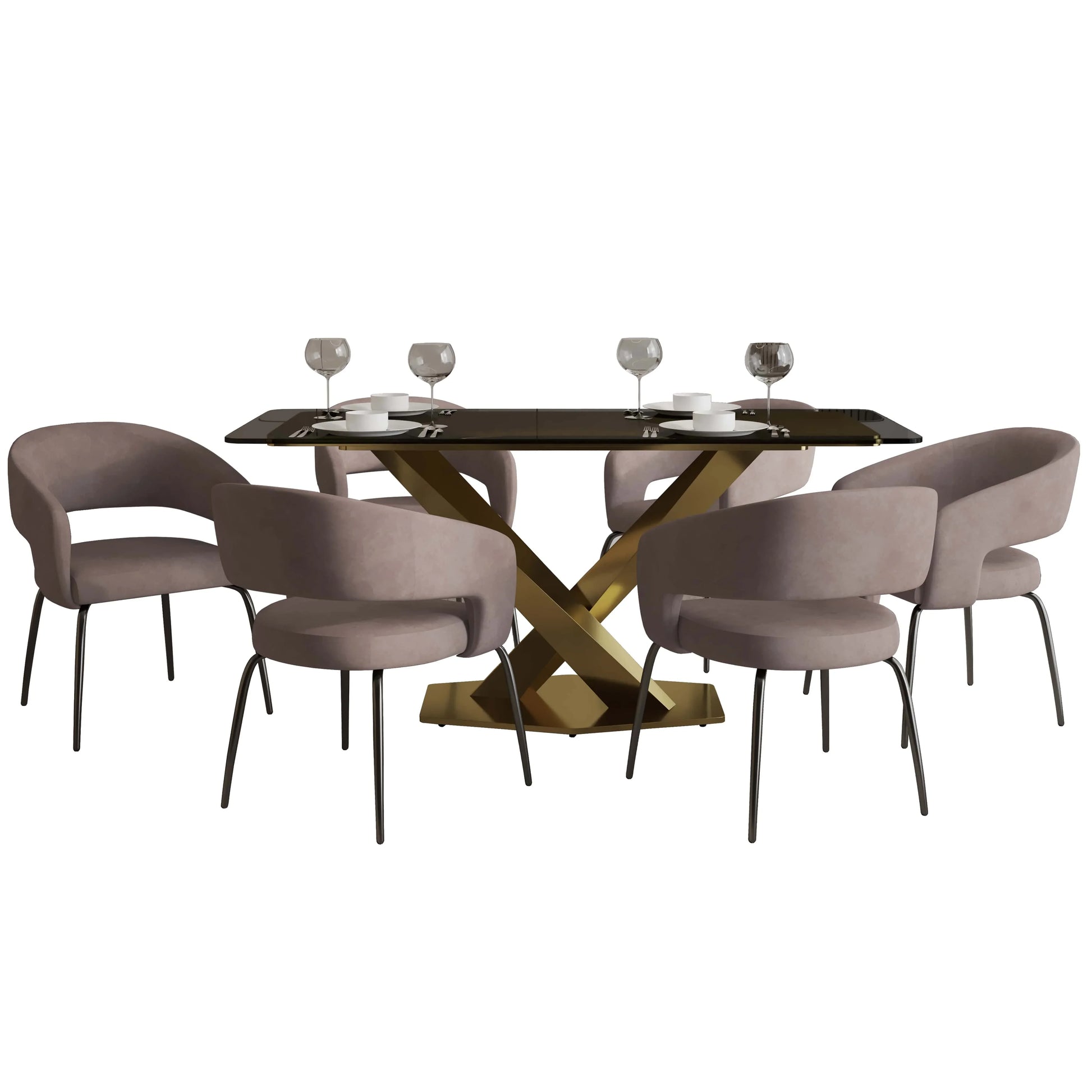 Voren 7-Piece Dining Set with Rectangular Glass Dining Table Gold Base and 6 Velvet/Leather Dining Chairs with Iron Base - Elax Furniture