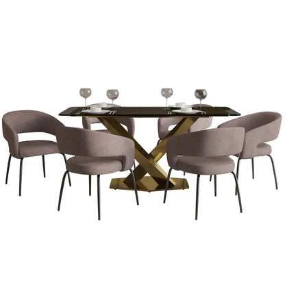 Voren 7-Piece Dining Set with Rectangular Glass Dining Table Gold Base and 6 Velvet/Leather Dining Chairs with Iron Base - Elax Furniture