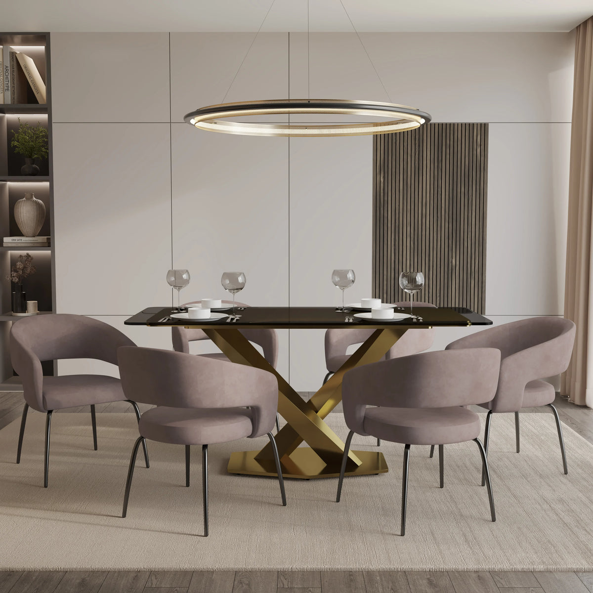 Voren 7-Piece Dining Set with Rectangular Glass Dining Table Gold Base and 6 Velvet/Leather Dining Chairs with Iron Base - Elax Furniture