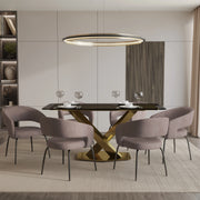Voren 7-Piece Dining Set with Rectangular Glass Dining Table Gold Base and 6 Velvet/Leather Dining Chairs with Iron Base - Elax Furniture