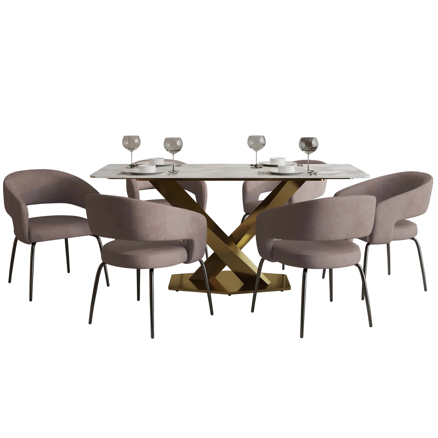Voren 7-Piece Dining Set with Rectangular Sintered Stone Dining Table Gold Base and 6 Velvet Dining Chairs with Iron Base - Elax Furniture