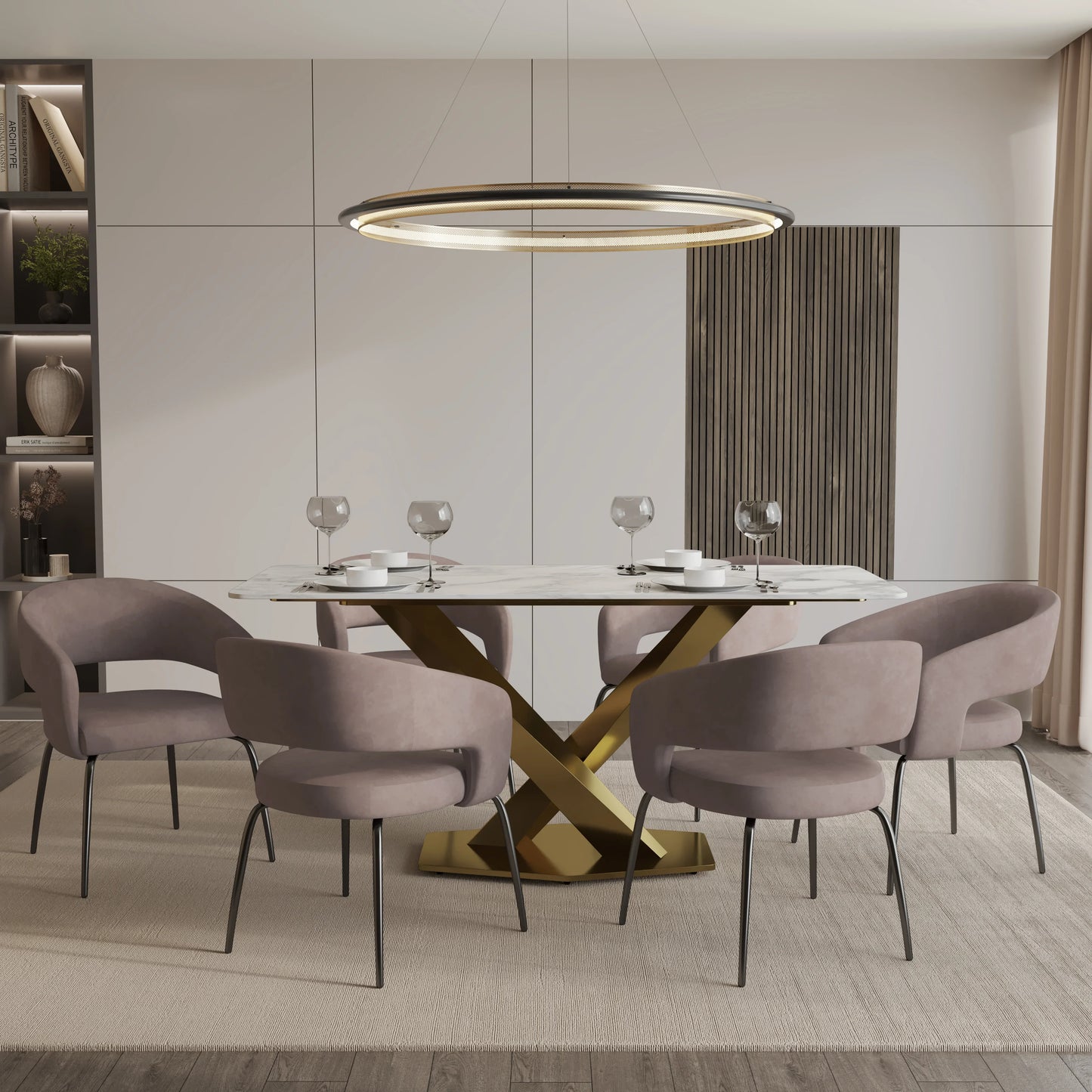 Voren 7-Piece Dining Set with Rectangular Sintered Stone Dining Table Gold Base and 6 Velvet Dining Chairs with Iron Base - Elax Furniture