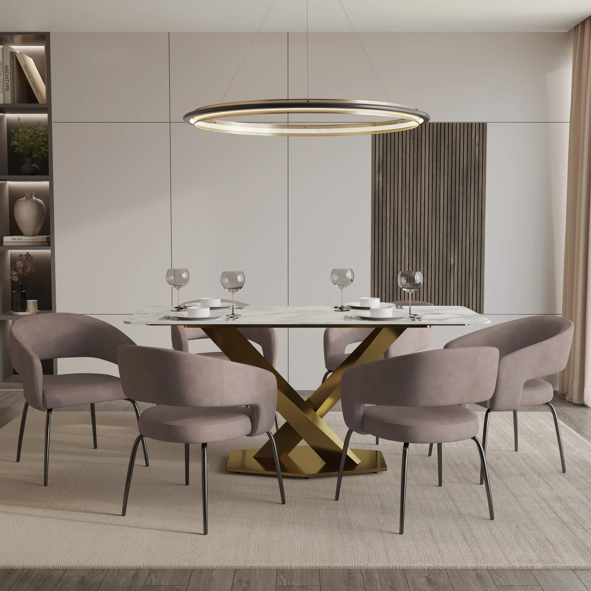 Voren 7-Piece Dining Set with Rectangular Sintered Stone Dining Table Gold Base and 6 Velvet Dining Chairs with Iron Base - Elax Furniture