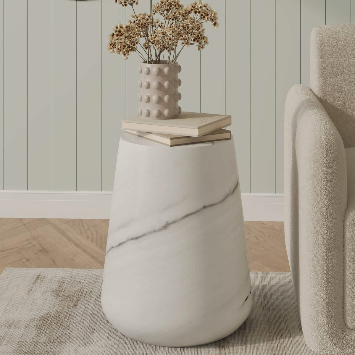 Glint 14" Wide Fiberstone Side Table in Tapered Base Design Marble White Side Table Leisuremod