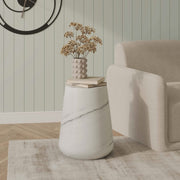 Glint 14" Wide Fiberstone Side Table in Tapered Base Design Marble White Side Table Leisuremod