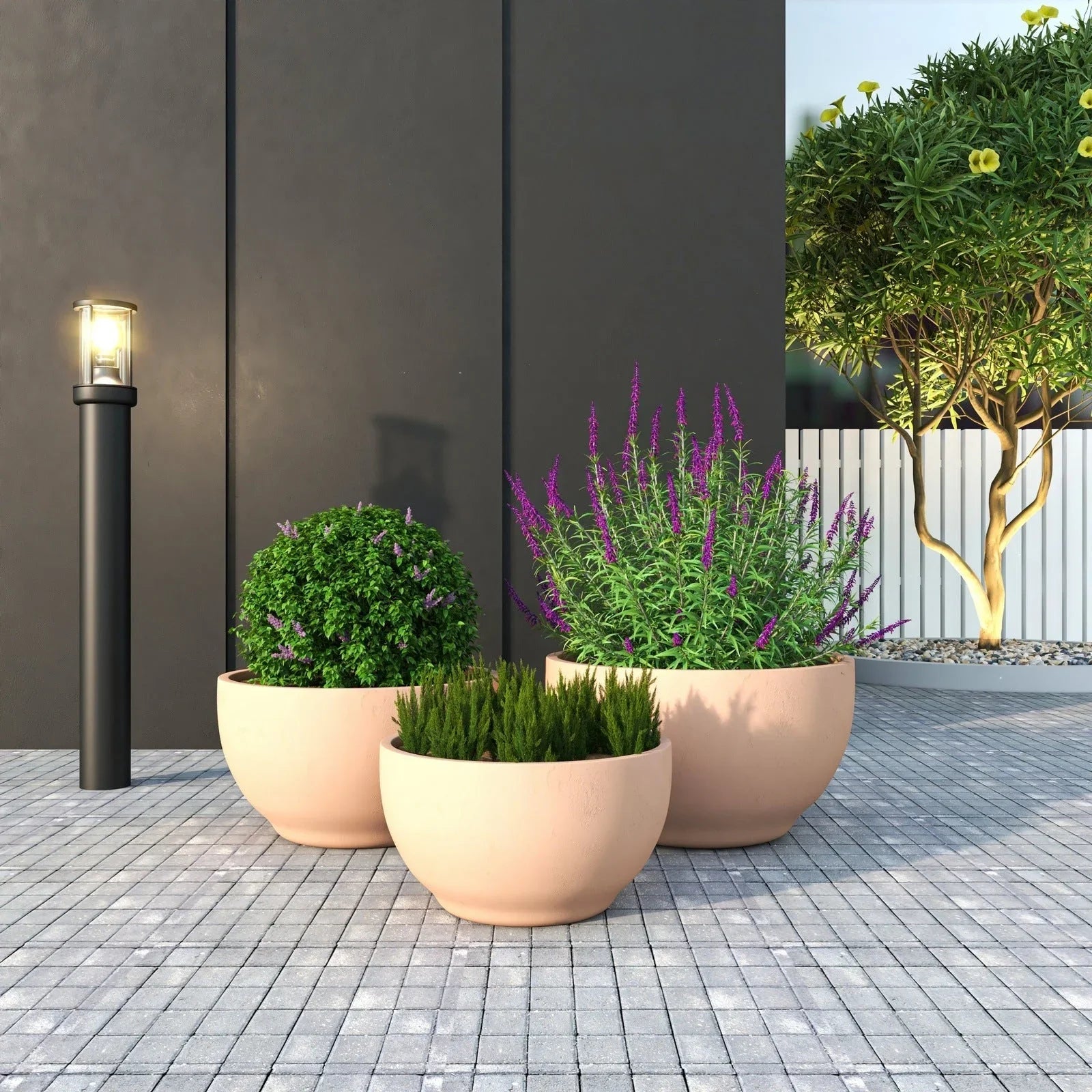 Grove Modern 3-Piece Round Planter Set in Fiberstone Weather Resistant Design - Elax Furniture