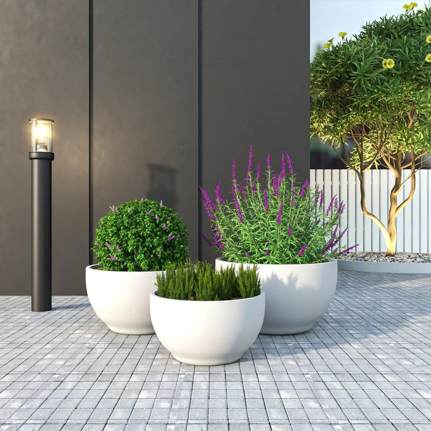 Grove Modern 3-Piece Round Planter Set in Fiberstone Weather Resistant Design - Elax Furniture