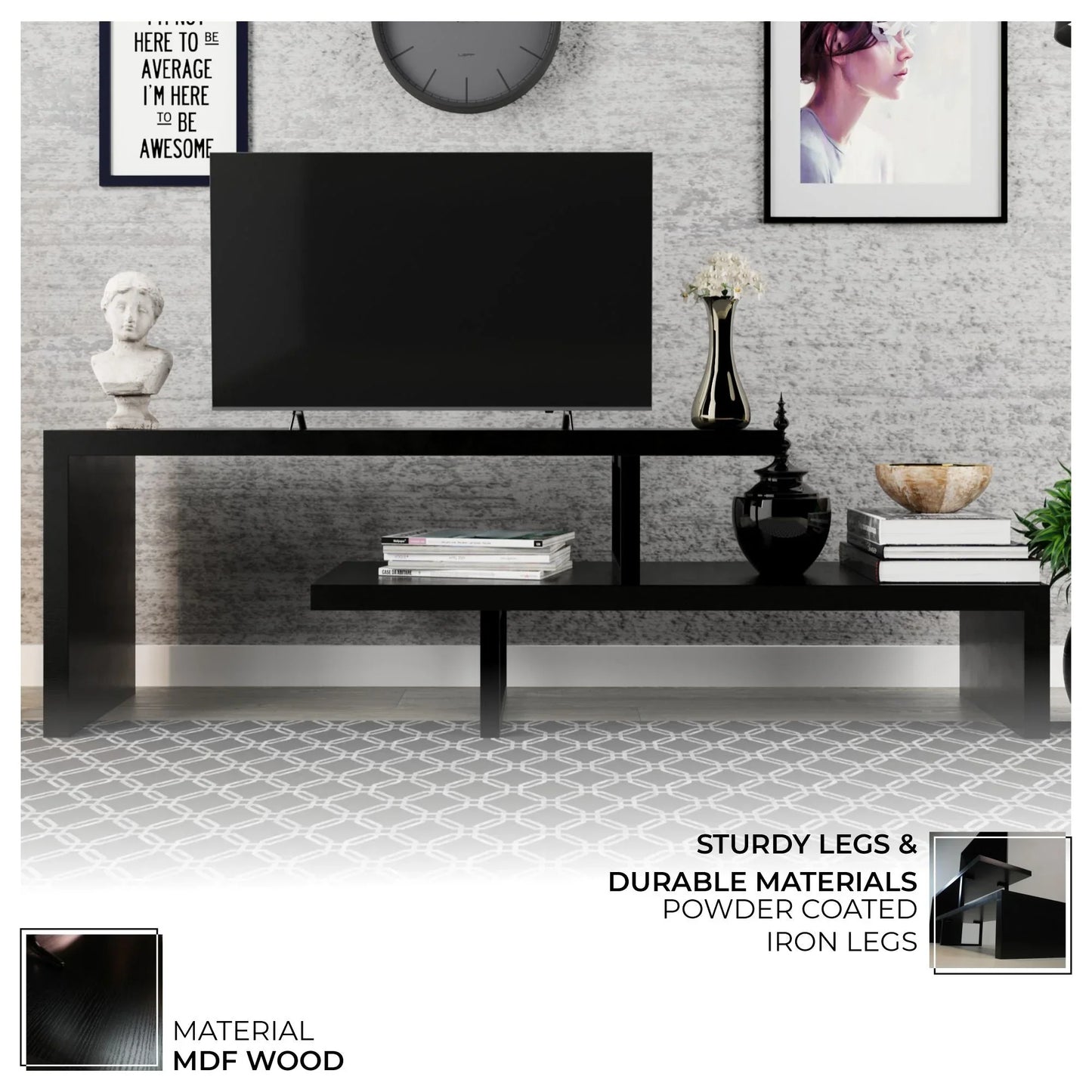 Orford Mid-Century Modern TV Stand with MDF Shelves and Powder Coated Iron Legs for Living Room - Elax Furniture