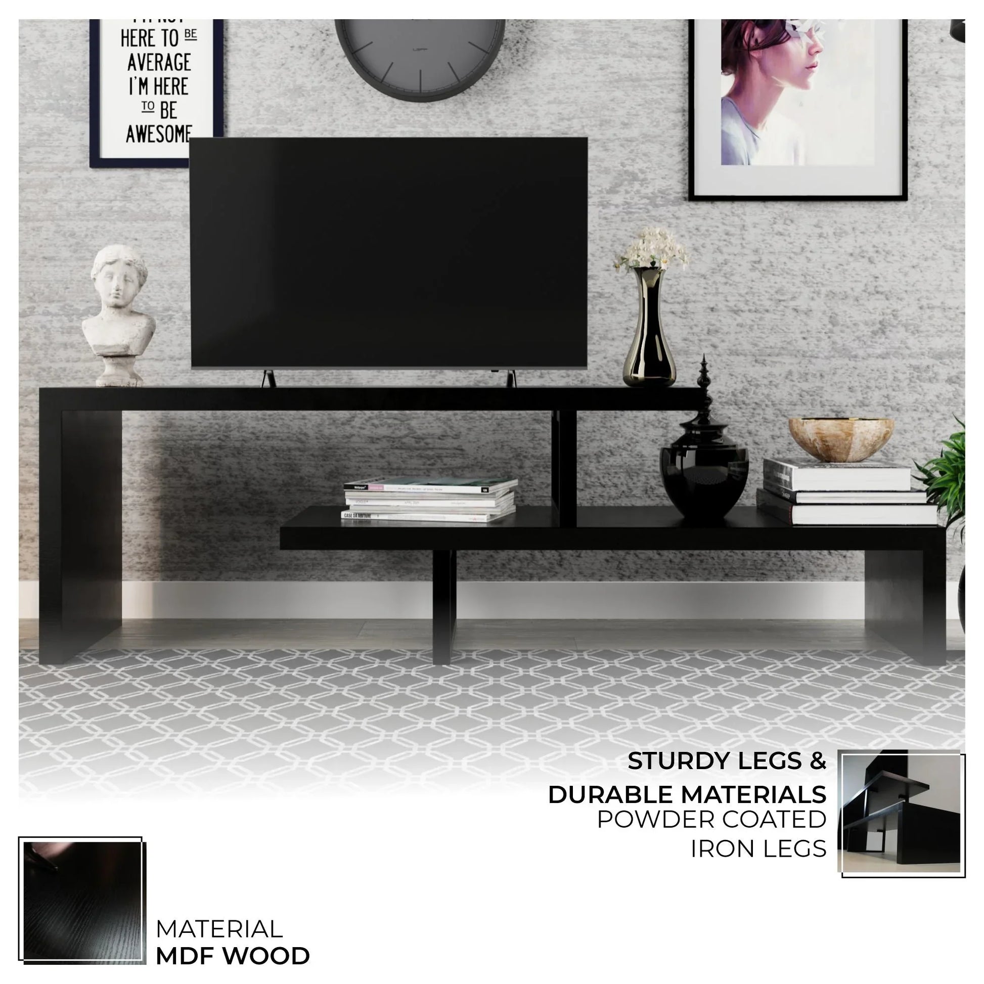 Orford Mid-Century Modern TV Stand with MDF Shelves and Powder Coated Iron Legs for Living Room - Elax Furniture