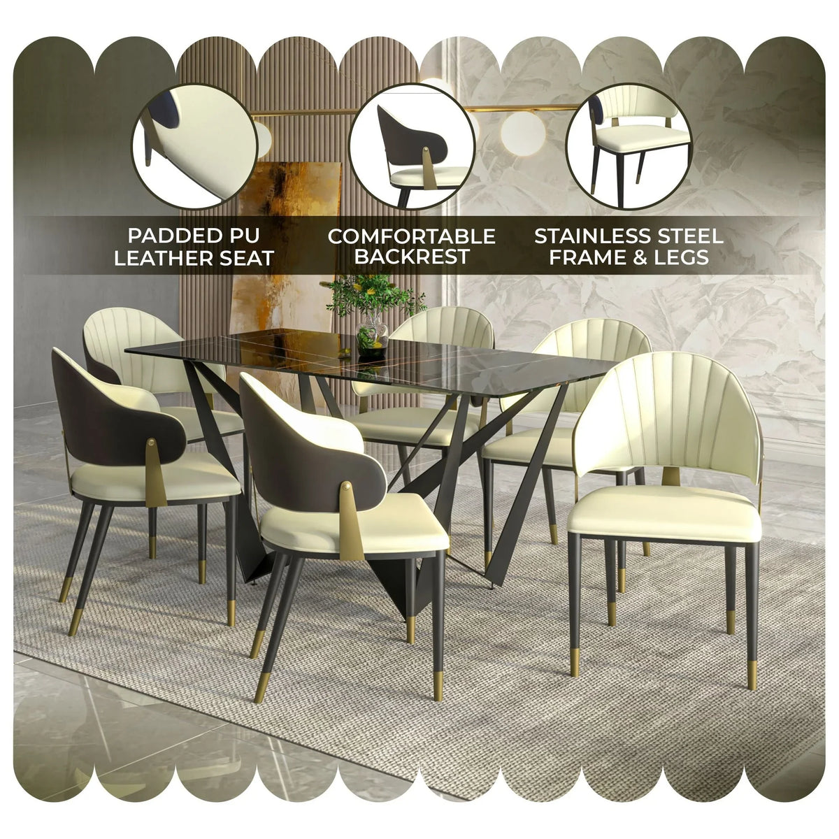 Aria Leather Dining Chair with a Curved Back and Gold Accents Design in Iron - Elax Furniture