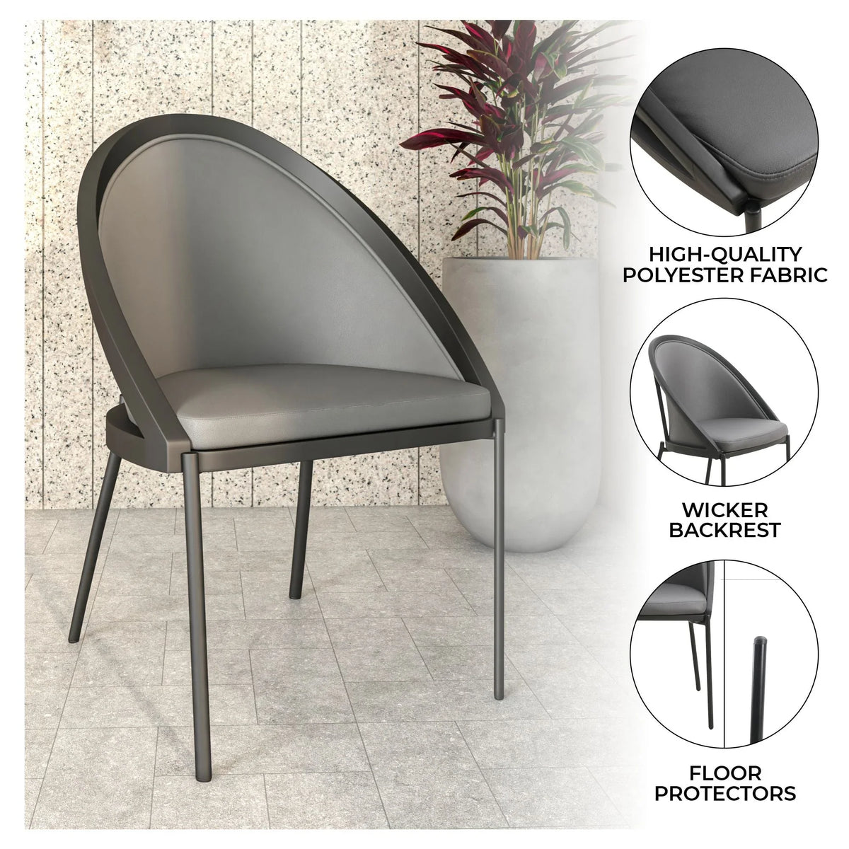 Urbane Dining Chair with Vinyl Fabric Seat and Wicker/Vinyl Backrest in Black Stainless Steel - Elax Furniture