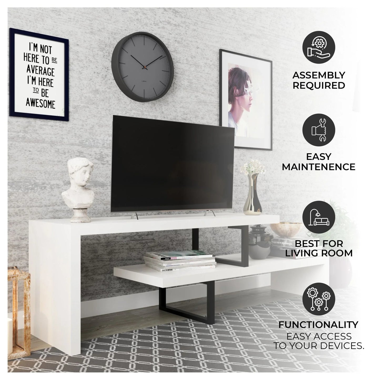 Orford Mid-Century Modern TV Stand with MDF Shelves and Powder Coated Iron Legs for Living Room - Elax Furniture