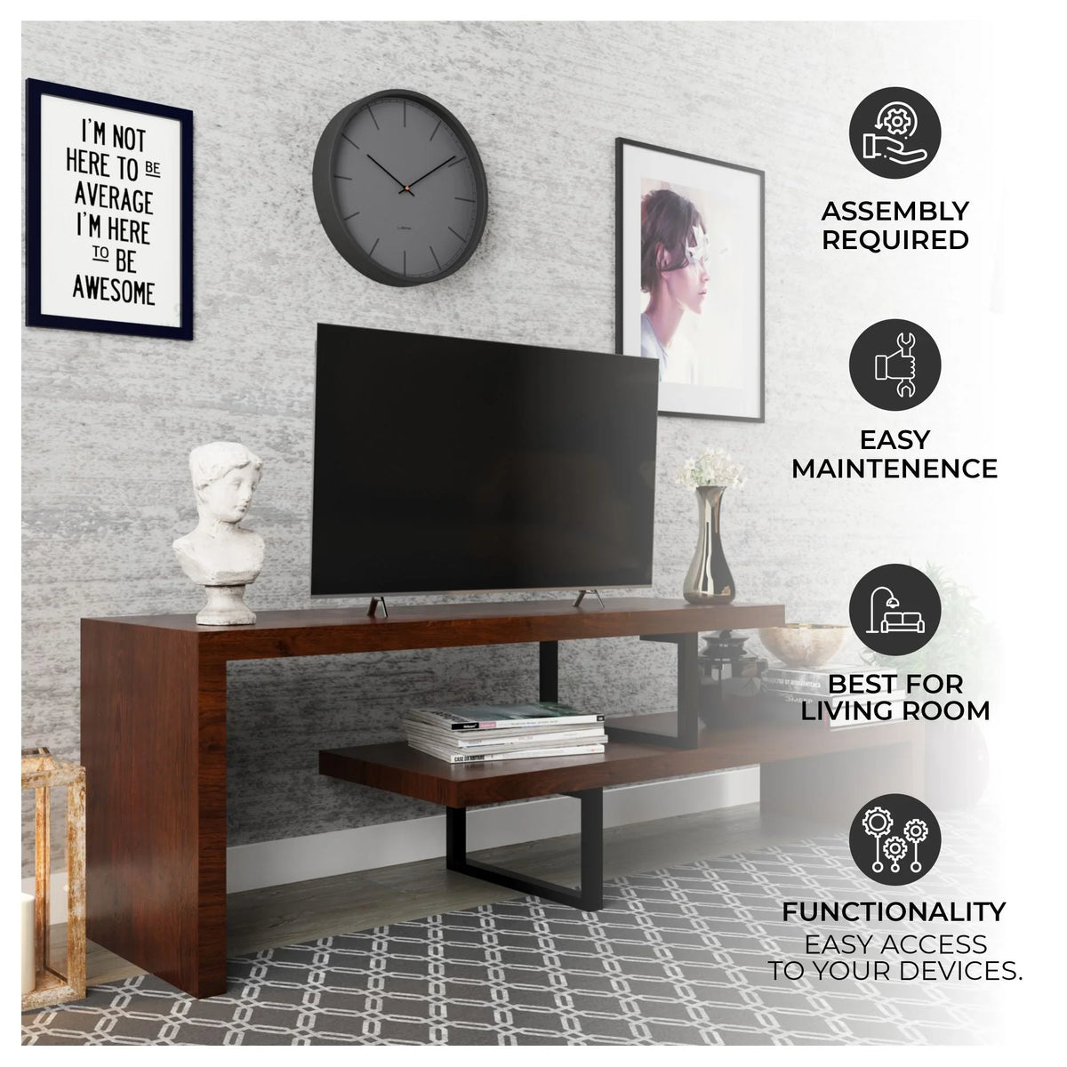 Orford Mid-Century Modern TV Stand with MDF Shelves and Powder Coated Iron Legs for Living Room - Elax Furniture