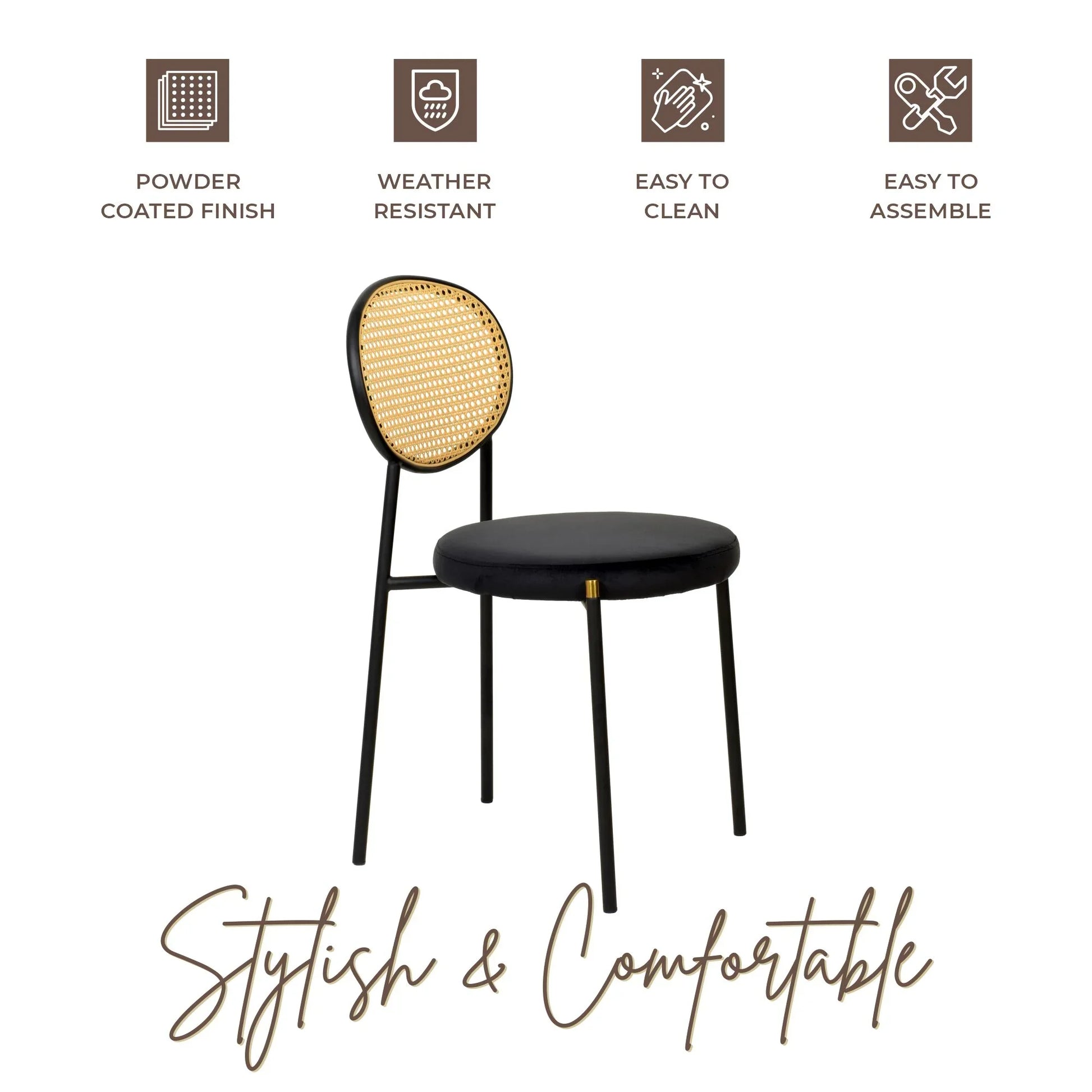 Euston Modern Wicker Dining Chair with Round Velvet Seat Set of 4 - Elax Furniture