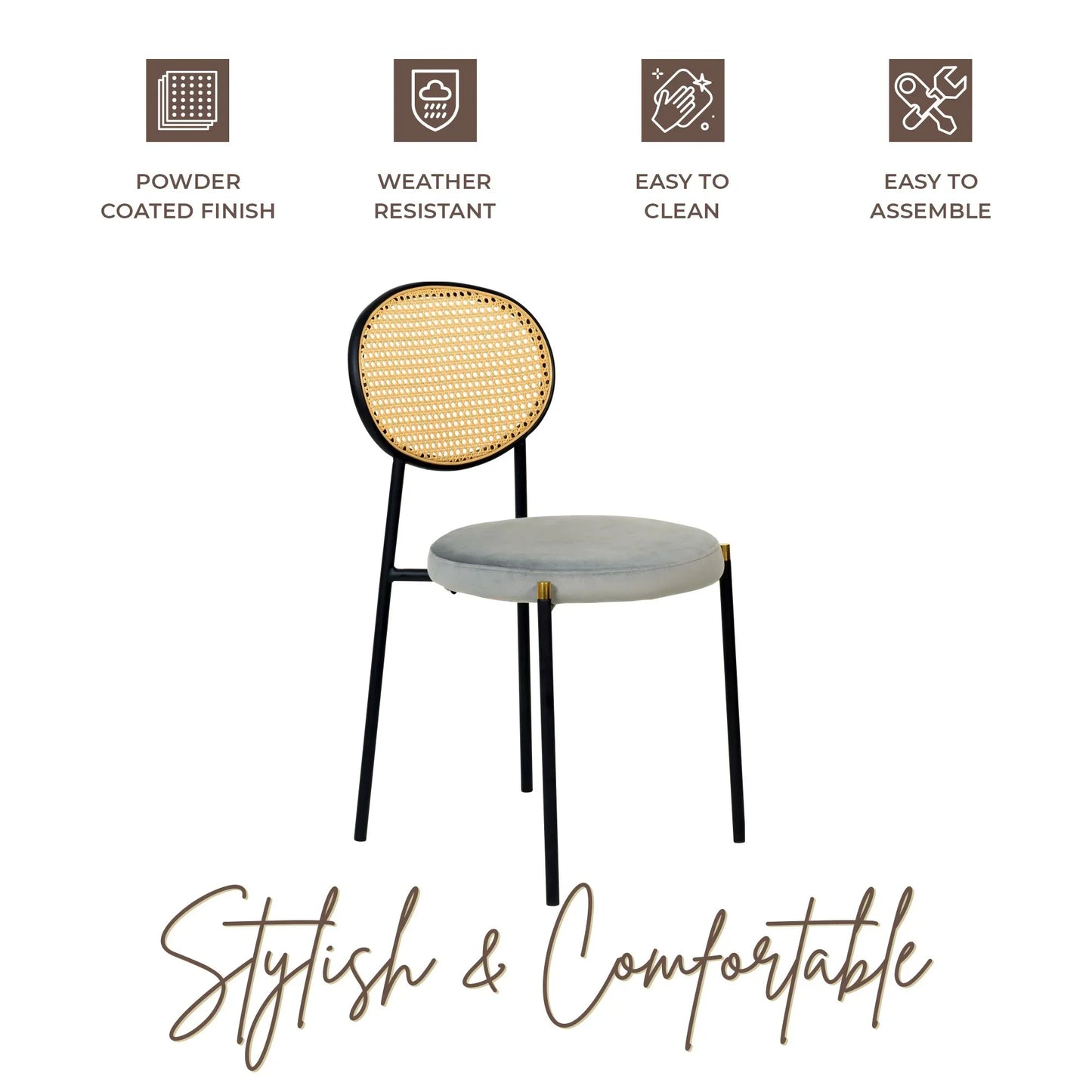 Euston Modern Wicker Dining Chair with Round Velvet Seat Set of 4 - Elax Furniture