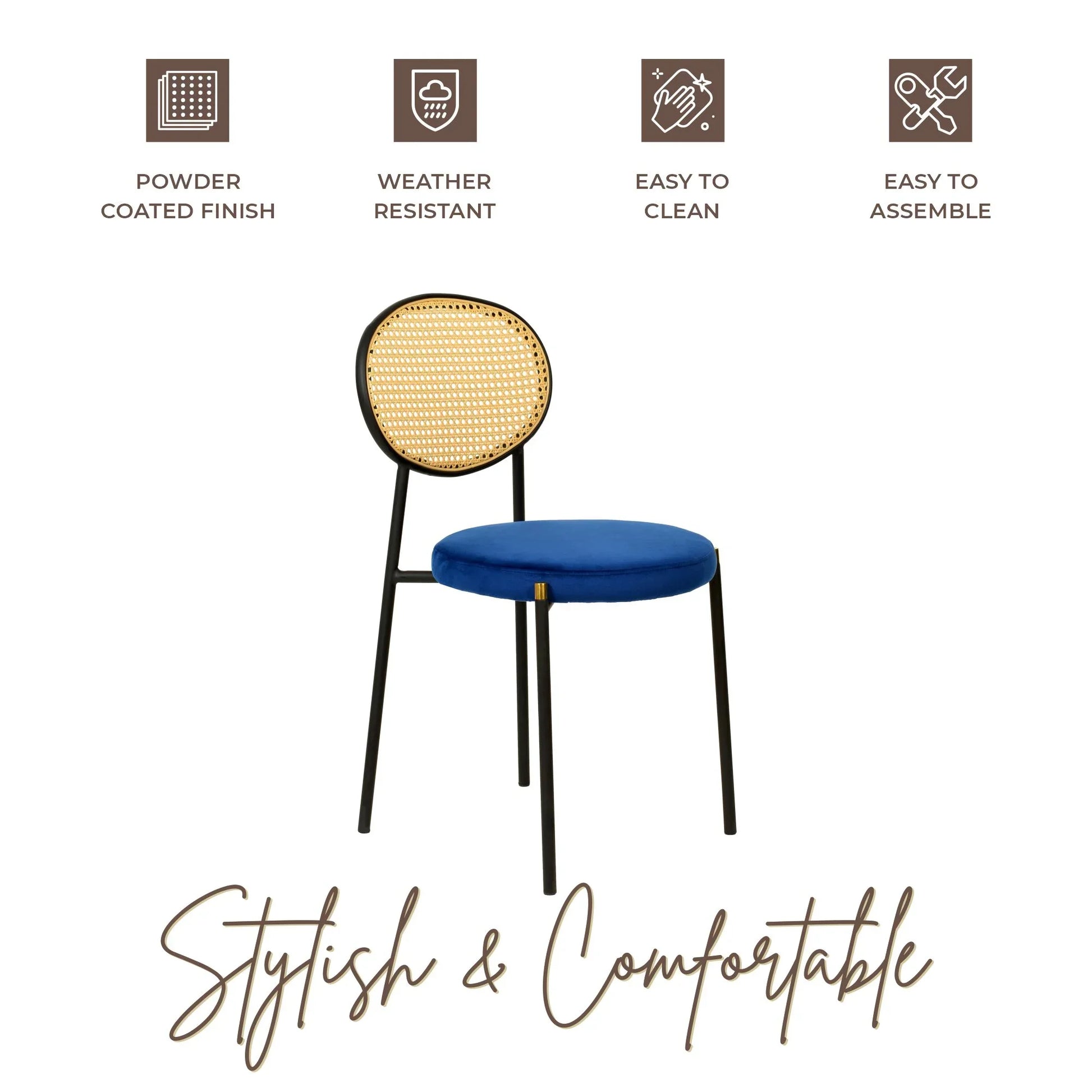 Euston Modern Wicker Dining Chair with Round Velvet Seat Set of 4 - Elax Furniture