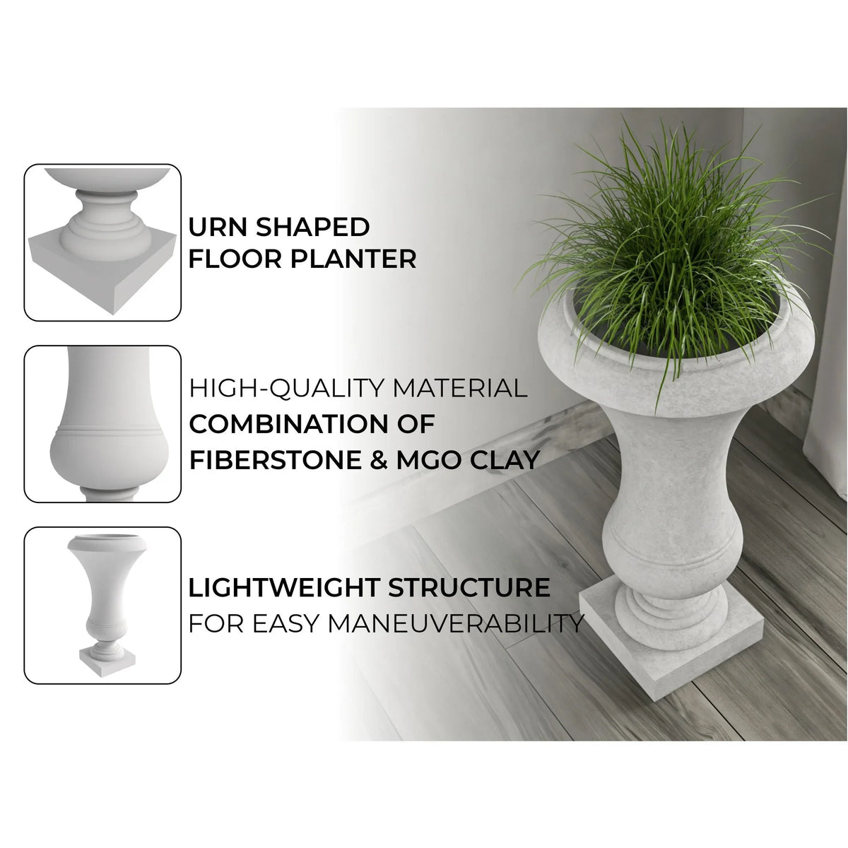 Daisy Fiberstone and Clay Urn Planter with Drainage Holes for Indoor and Outdoor - Elax Furniture