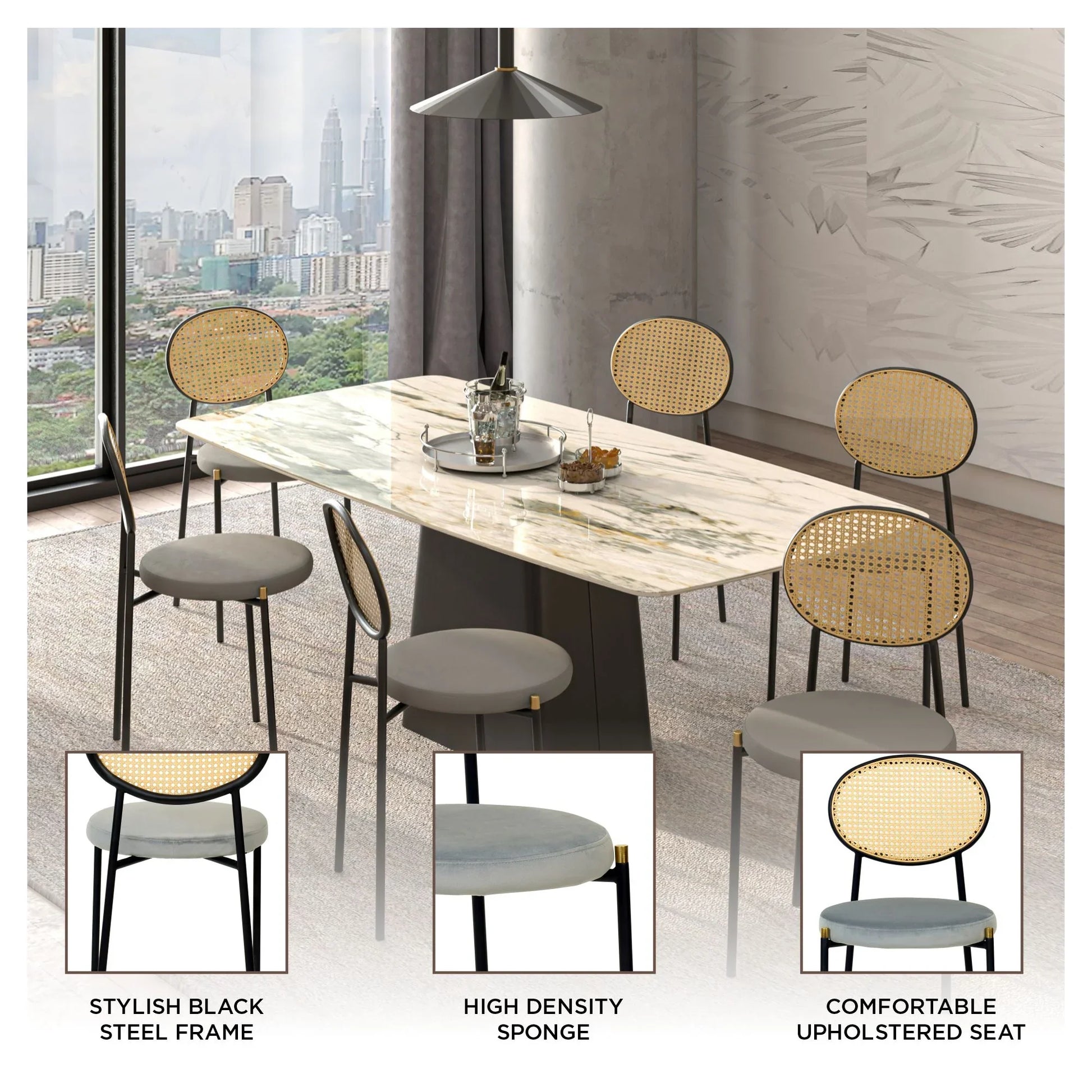 Euston Modern Wicker Dining Chair with Round Velvet Seat Set of 4 - Elax Furniture