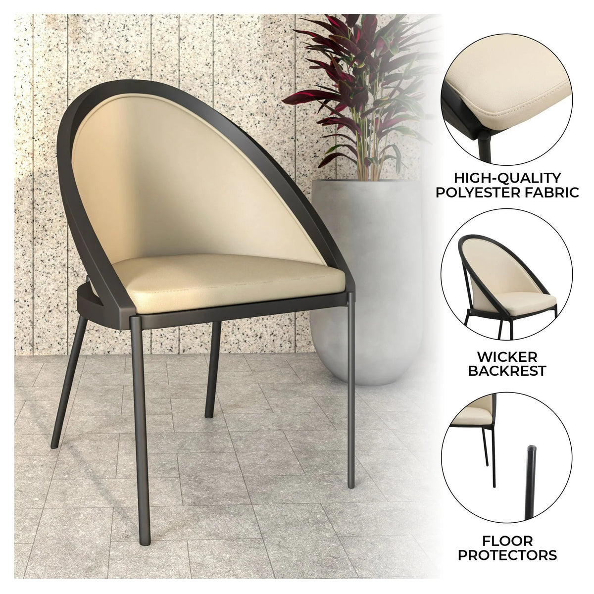 Urbane Dining Chair with Vinyl Fabric Seat and Wicker/Vinyl Backrest in Black Stainless Steel - Elax Furniture