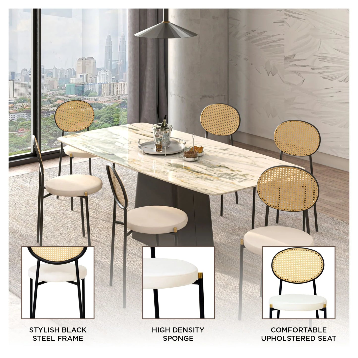 Euston Modern Wicker Dining Chair with Round Velvet Seat Set of 4 - Elax Furniture