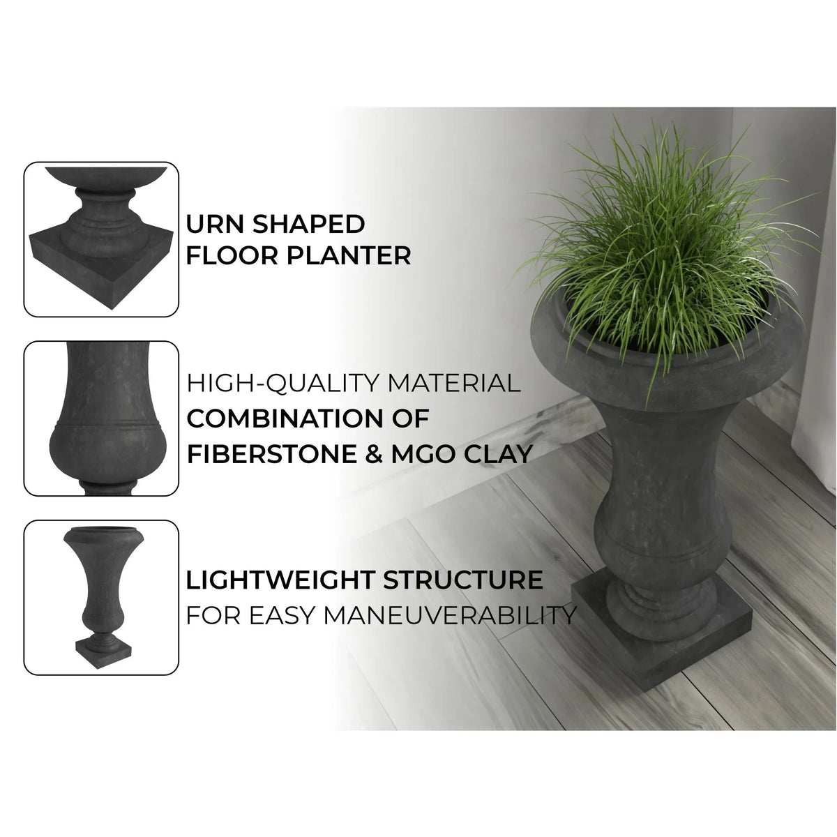 Daisy Fiberstone and Clay Urn Planter with Drainage Holes for Indoor and Outdoor - Elax Furniture
