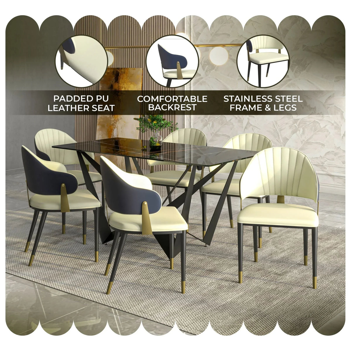Aria Leather Dining Chair with a Curved Back and Gold Accents Design in Iron - Elax Furniture
