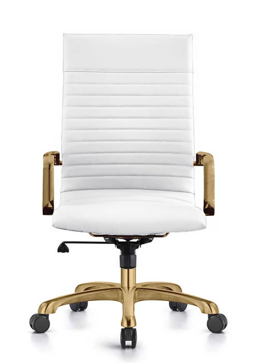 Harris Leather High-Back Adjustable Office Conference Chair with Armrests Gold White Office Chair Leisuremod