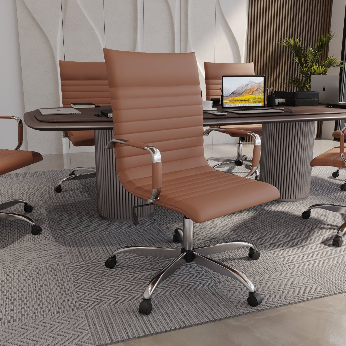 Harris Leather High-Back Adjustable Office Conference Chair with Armrests Chrome Light Brown Office Chair Leisuremod