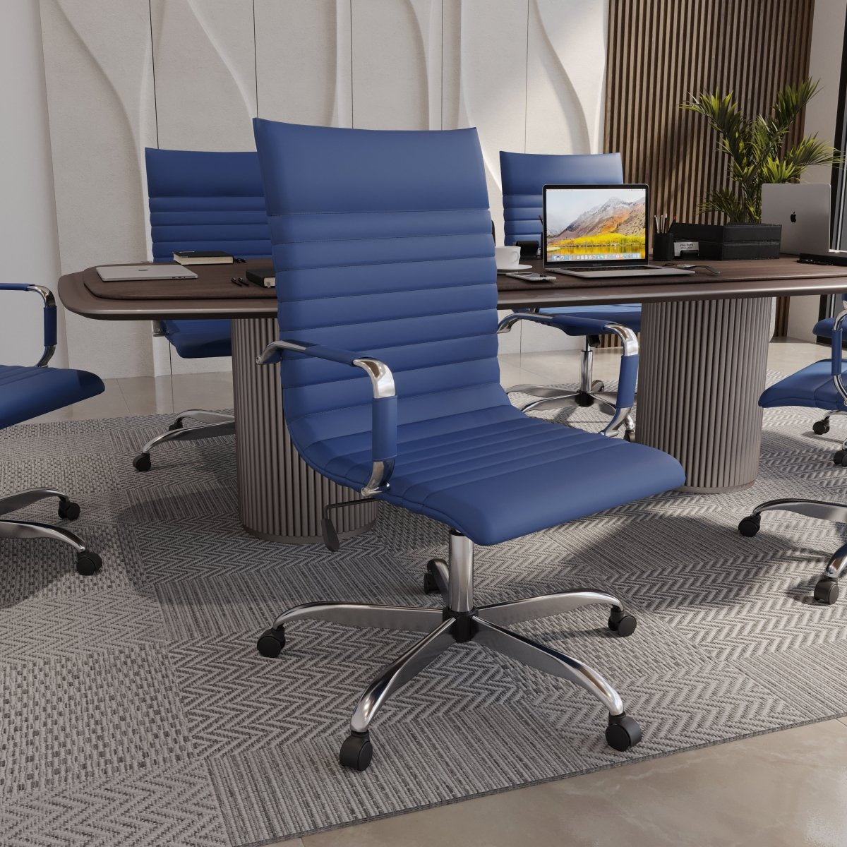 Harris Leather High-Back Adjustable Office Conference Chair with Armrests Chrome Navy Blue Office Chair Leisuremod