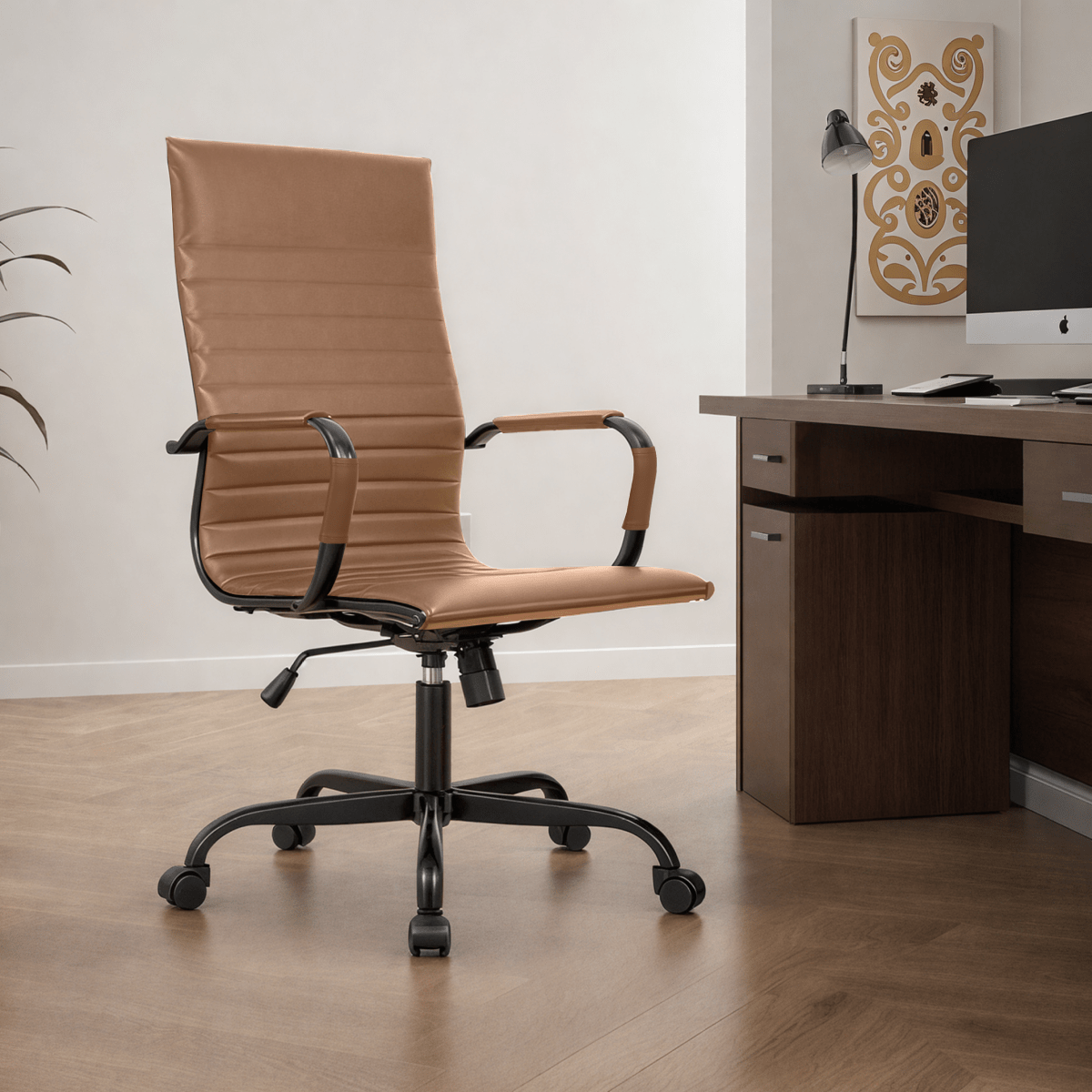 Harris Leather High-Back Adjustable Office Conference Chair with Armrests Black Light Brown Office Chair Leisuremod