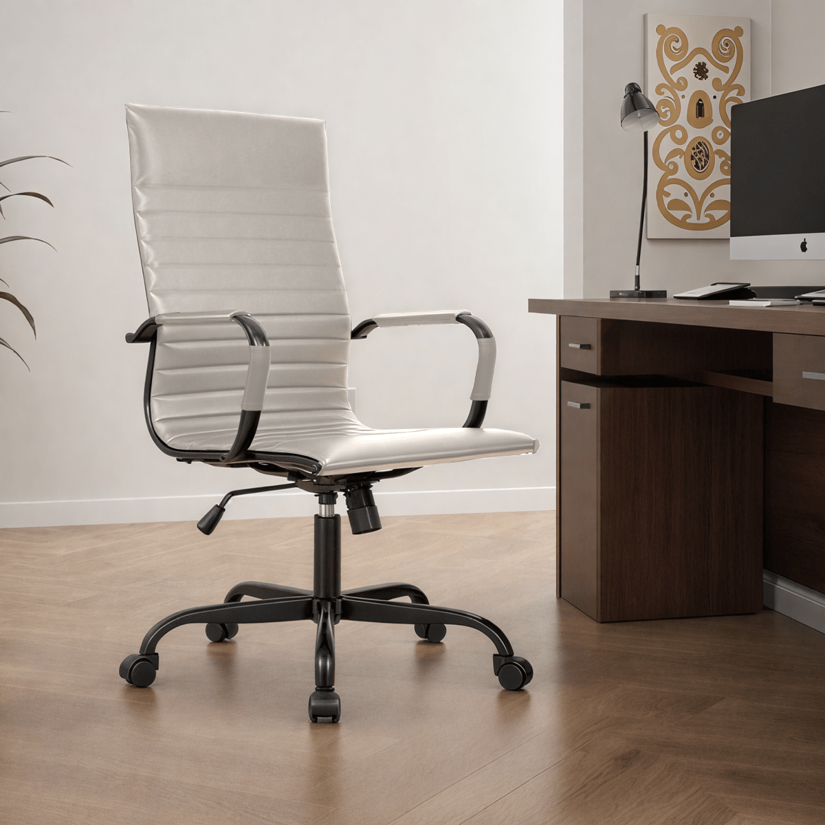 Harris Leather High-Back Adjustable Office Conference Chair with Armrests Black Tan Office Chair Leisuremod