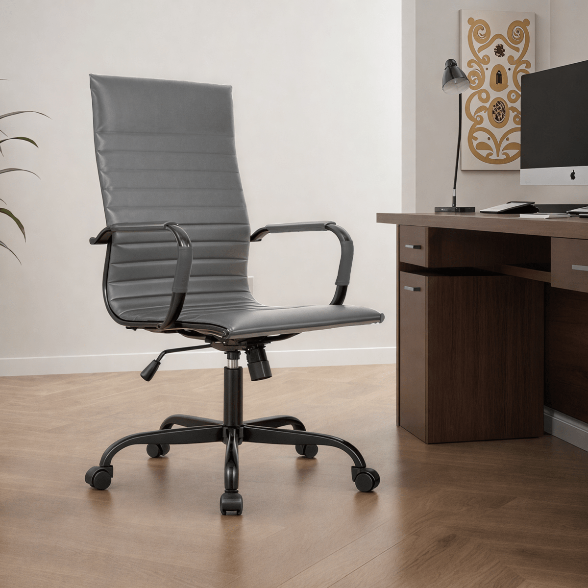 Harris Leather High-Back Adjustable Office Conference Chair with Armrests Black Grey Office Chair Leisuremod