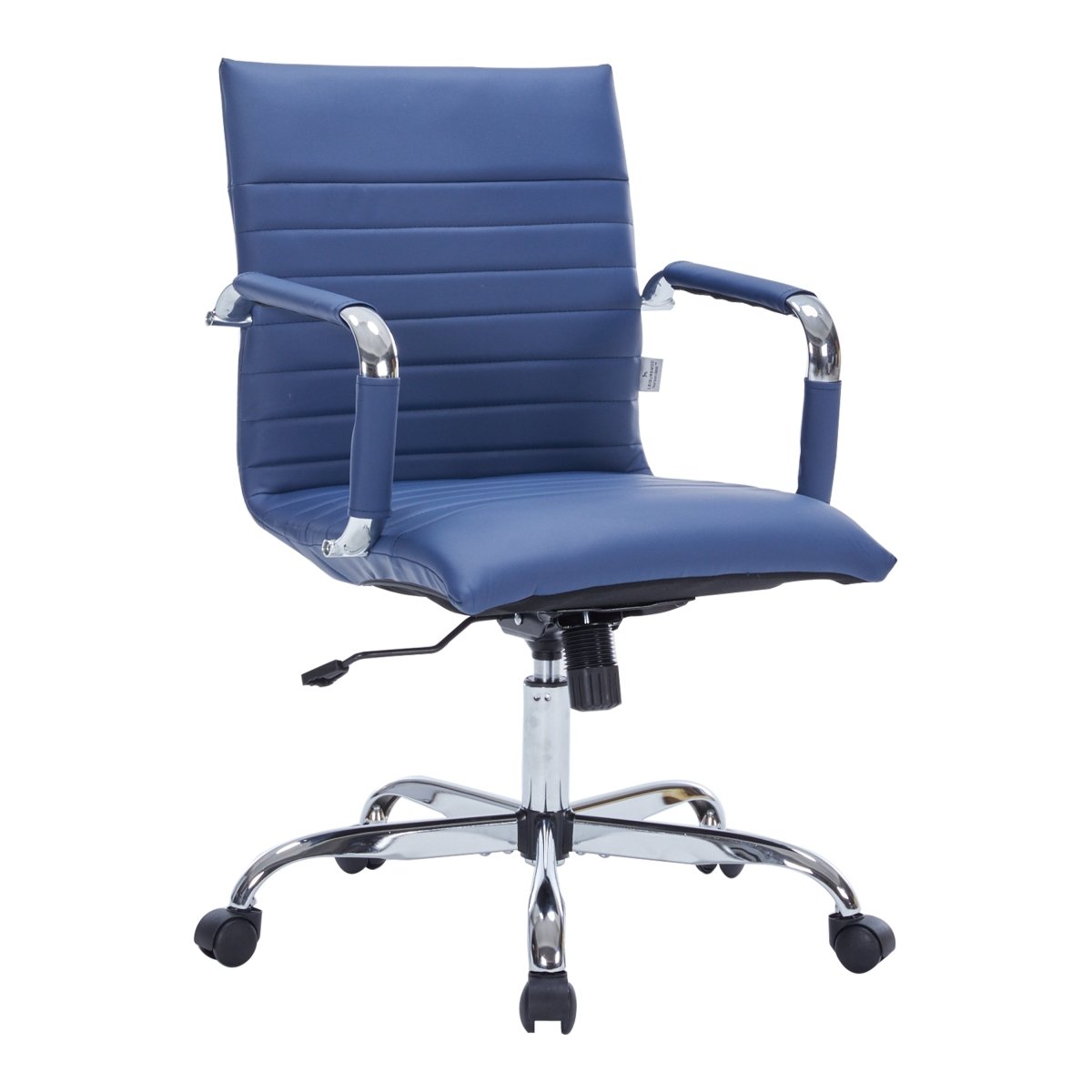 Harris Mid-Back Leather Adjustable Office Conference Chair with Armrests Chrome Navy Blue Office Chair Leisuremod