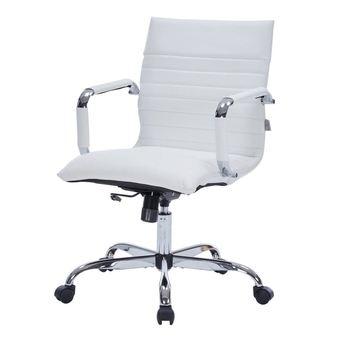 Harris Mid-Back Leather Adjustable Office Conference Chair with Armrests Chrome White Office Chair Leisuremod