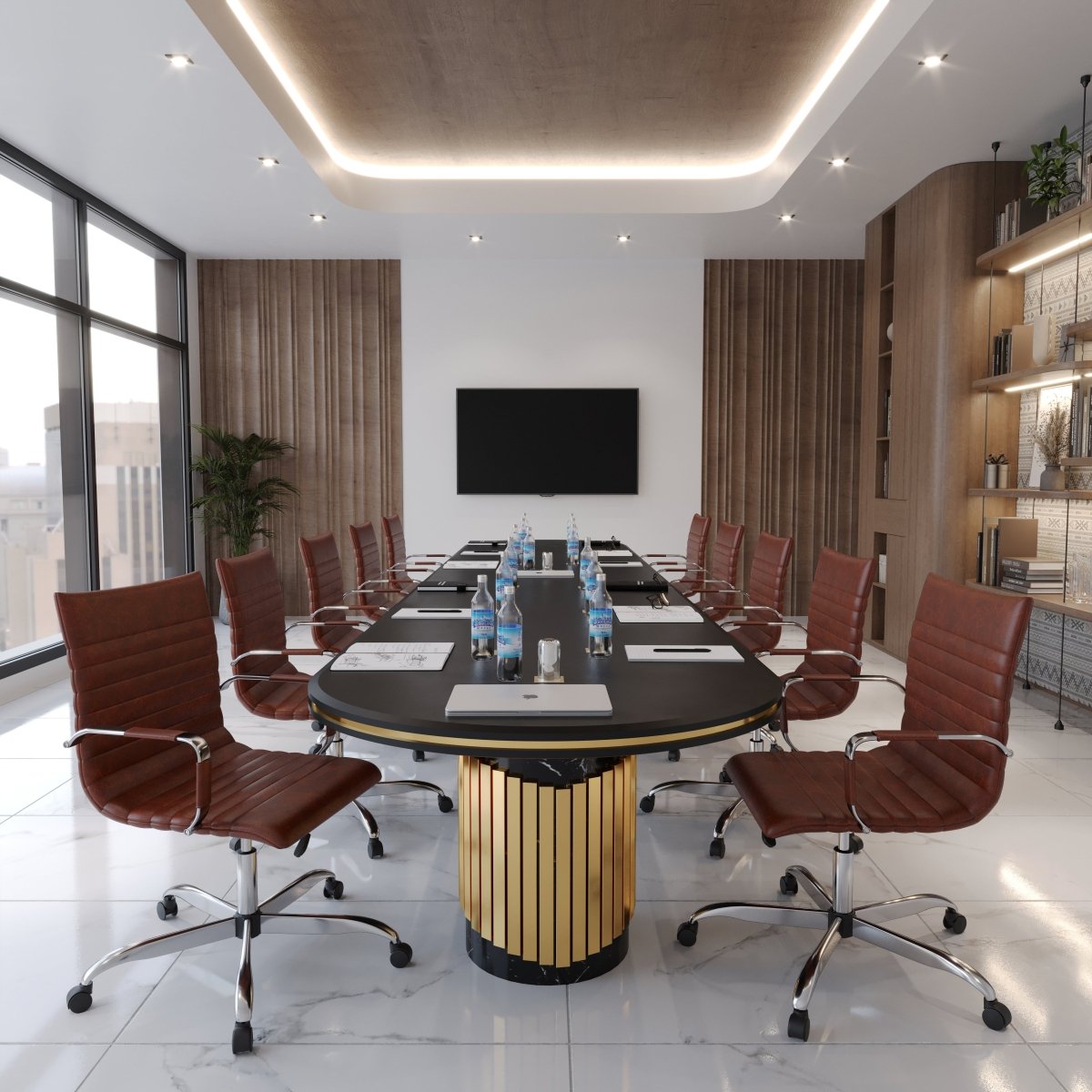 Harris Mid-Back Leather Adjustable Office Conference Chair with Armrests Chrome Dark Brown Office Chair Leisuremod