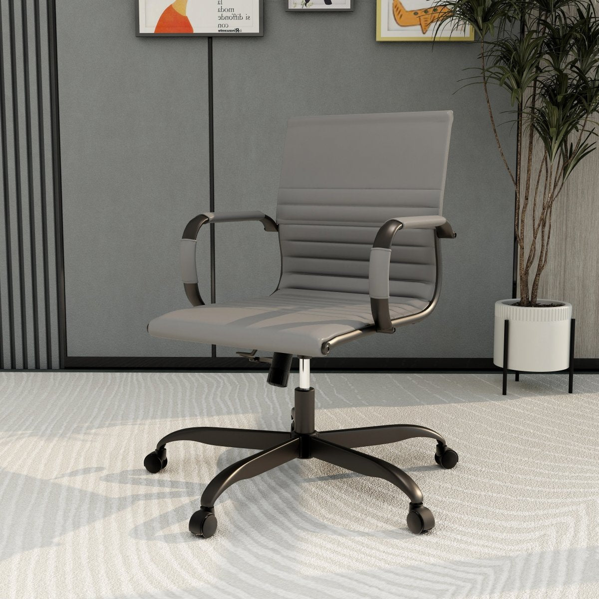 Harris Mid-Back Leather Adjustable Office Conference Chair with Armrests Black Grey Office Chair Leisuremod