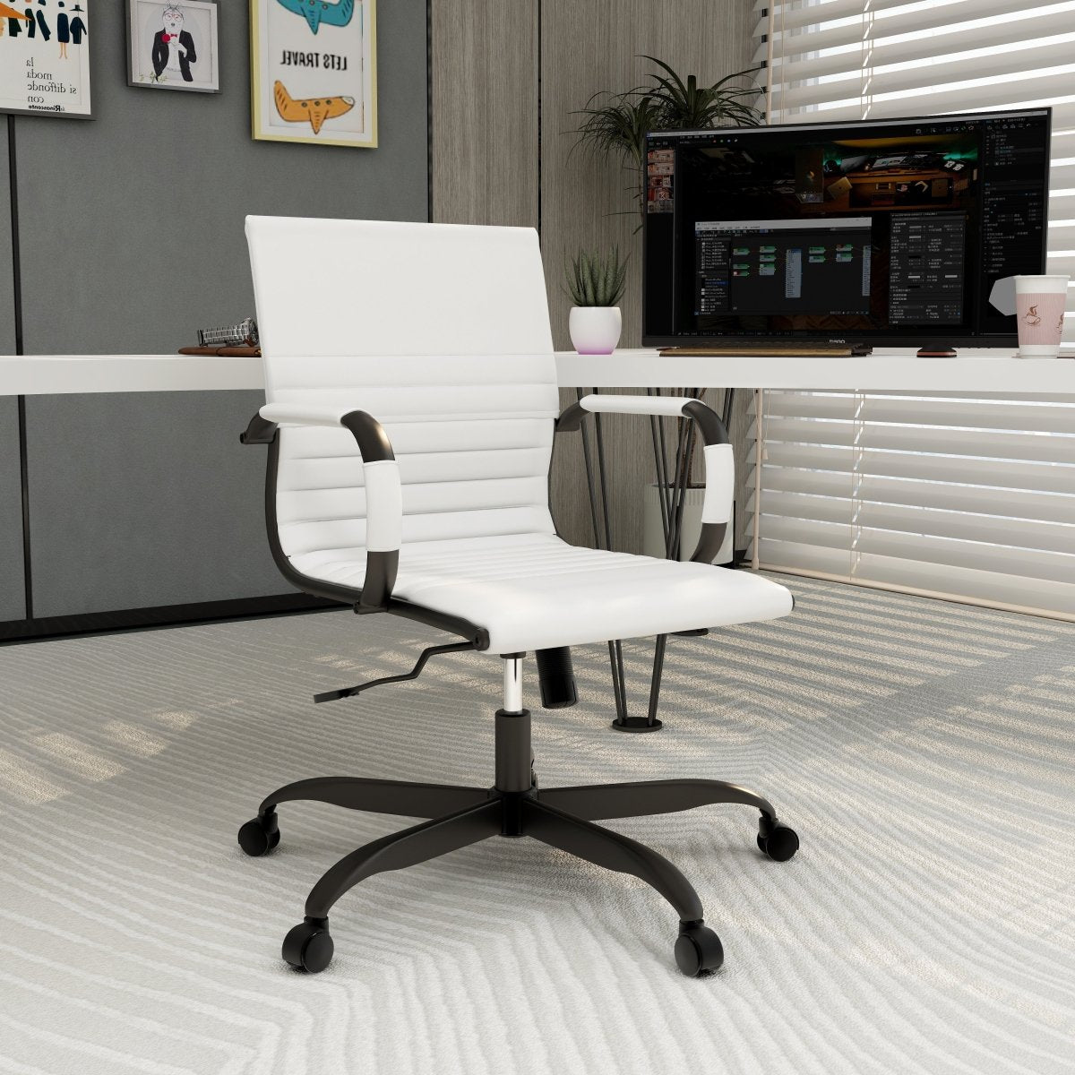 Harris Mid-Back Leather Adjustable Office Conference Chair with Armrests Black White Office Chair Leisuremod