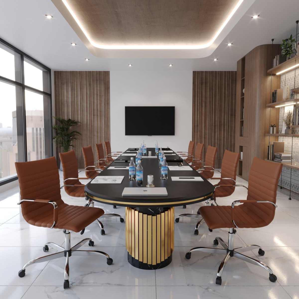 Harris Mid-Back Leather Adjustable Office Conference Chair with Armrests Chrome Light Brown Office Chair Leisuremod