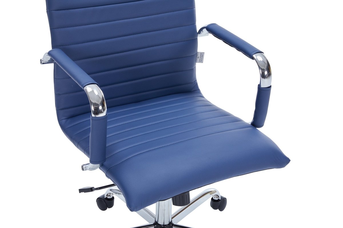 Harris Mid-Back Leather Adjustable Office Conference Chair with Armrests Chrome Navy Blue Office Chair Leisuremod